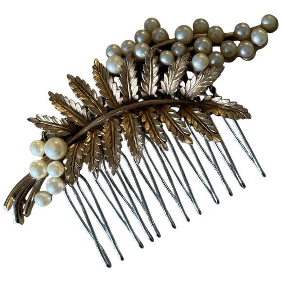 Gold Leaf Pearl Bridal Hair Comb Vintage Wedding Holiday Accessory New Years Eve - Picture 3 of 4